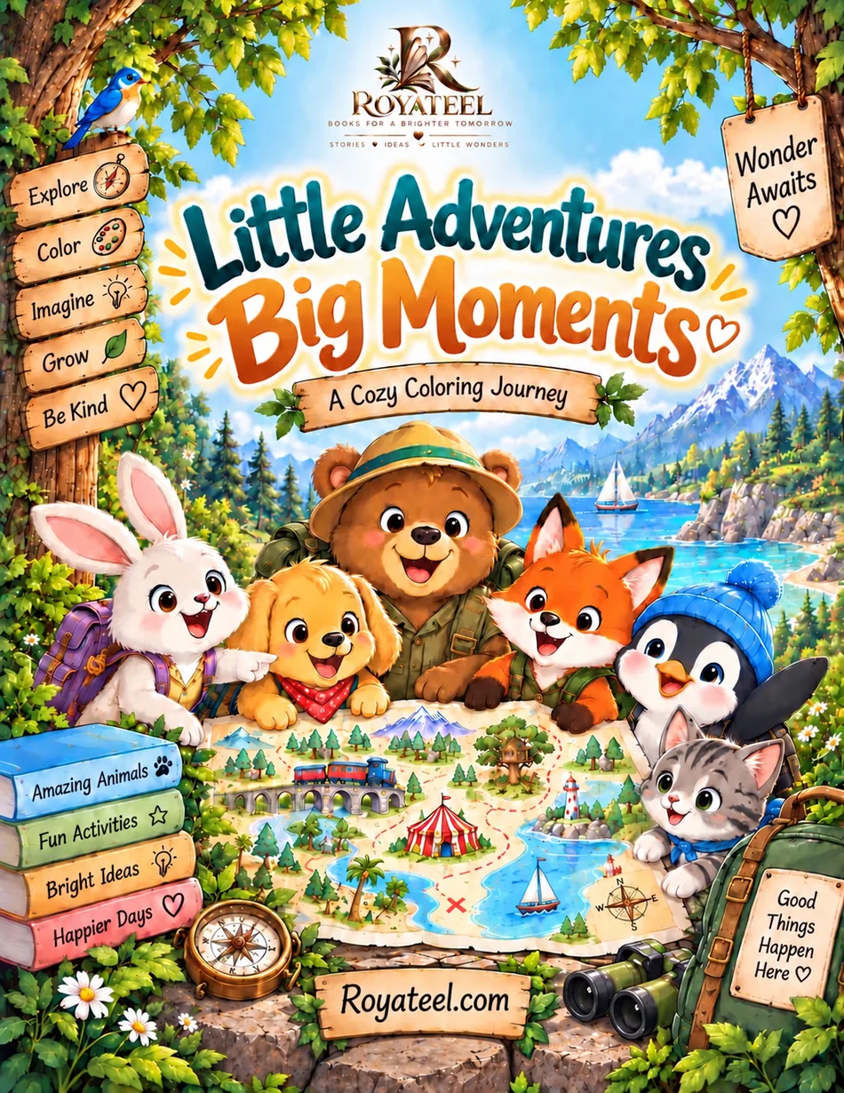 Illustrated front cover of Little Adventures Big Moments, featuring animal friends on an imaginative journey