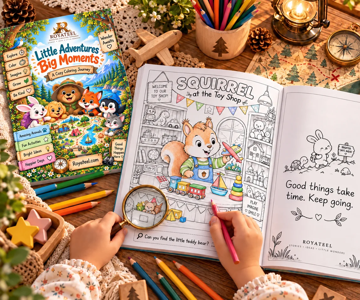 A styled preview of Little Adventures Big Moments alongside an illustrated activity page
