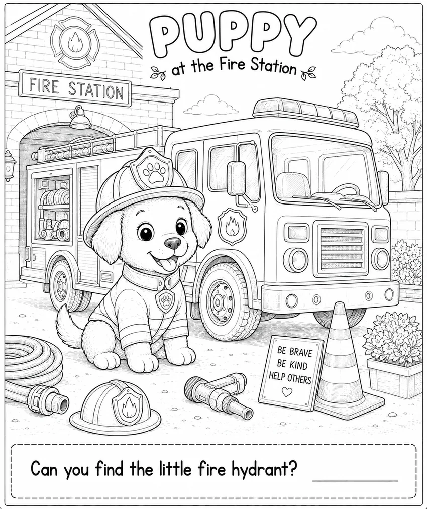 Puppy at the Fire Station coloring page