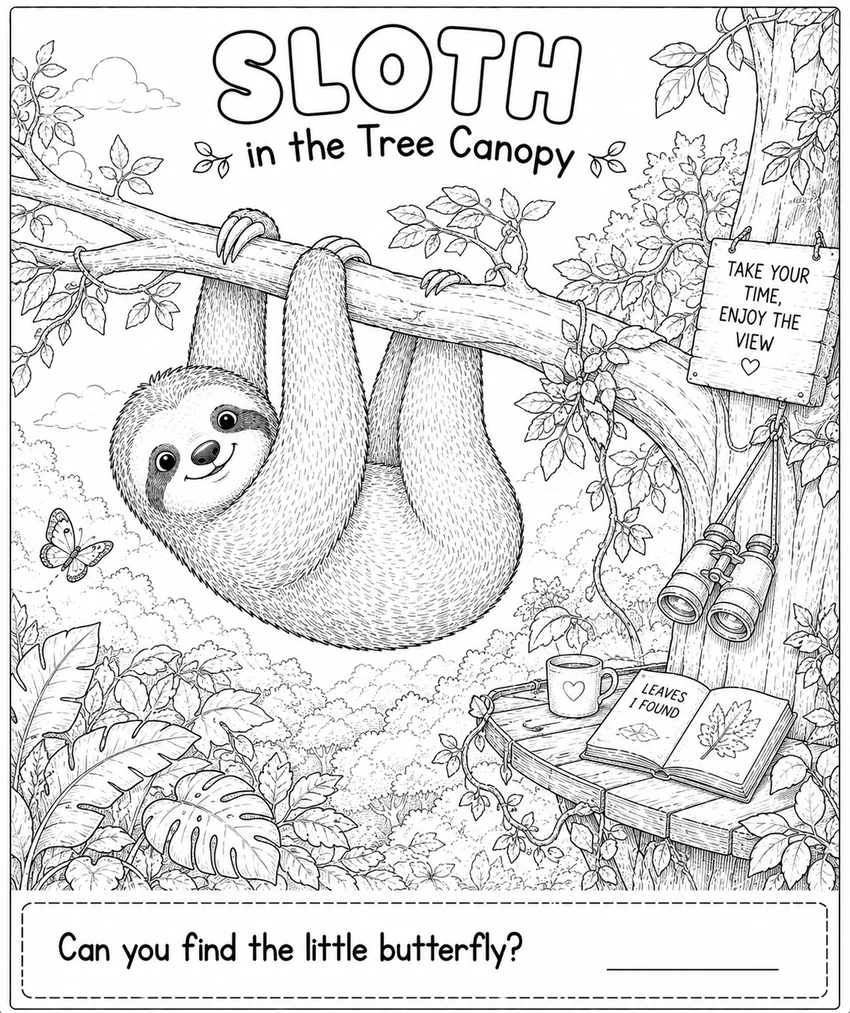 Sloth in the Tree Canopy coloring page