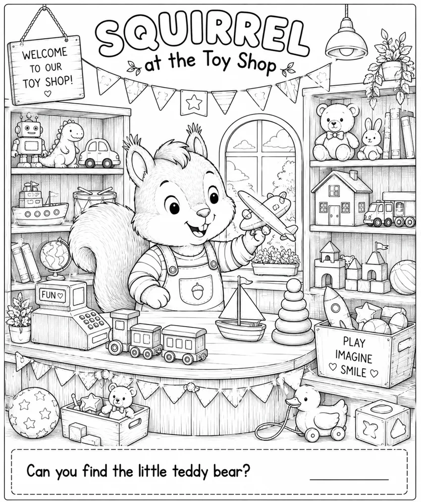 Squirrel at the Toy Shop coloring page